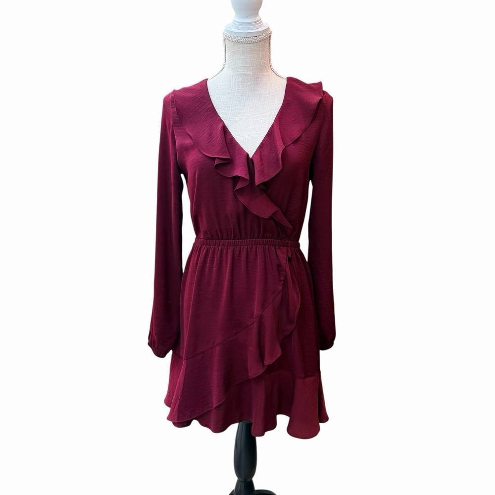 Express Women's Burgundy Ruffle Wrap‎ Dress Long Sleeve Mini Flowy V-Neck XS